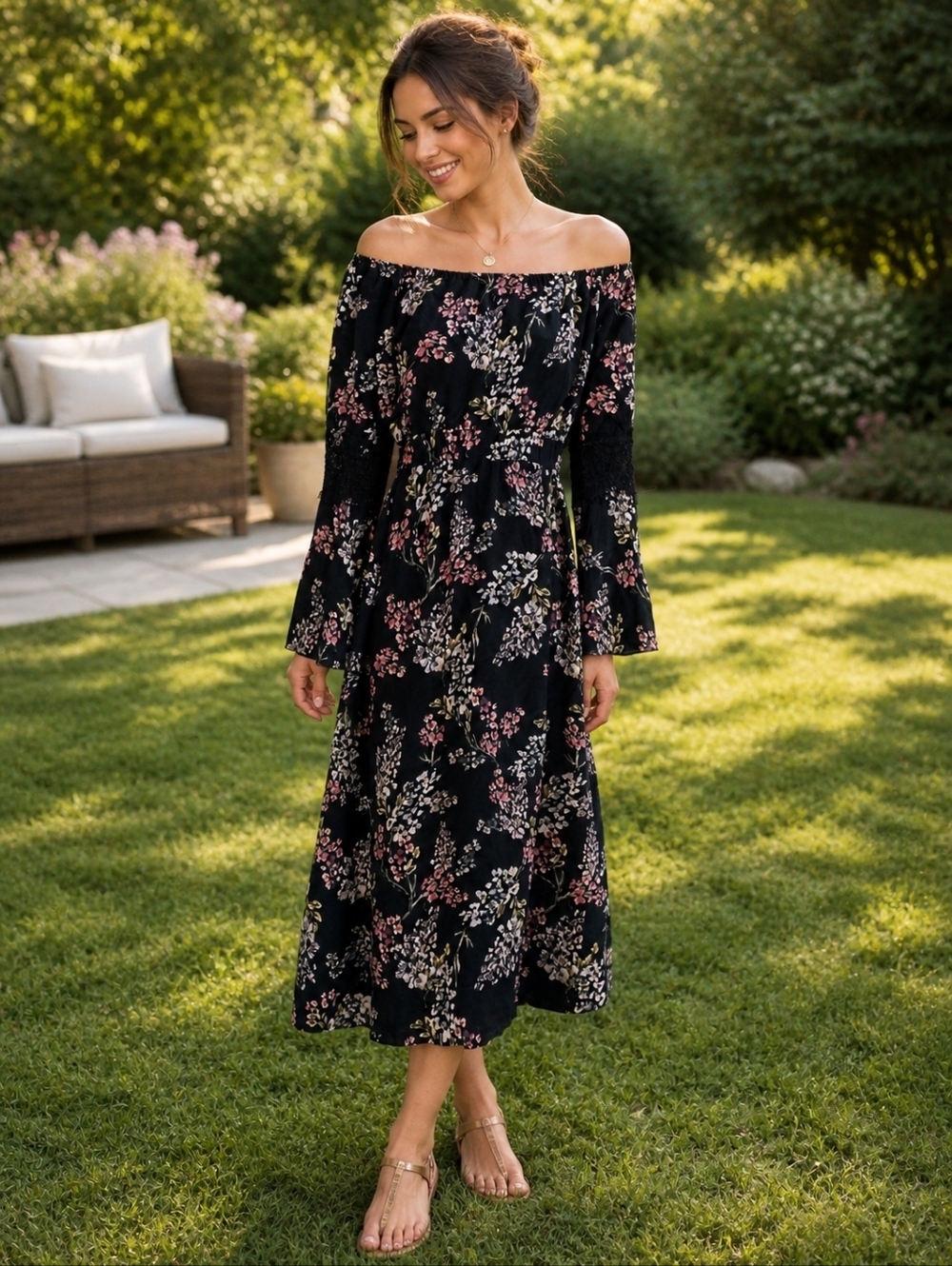 Stone Cold Fox Silk Floral Off Shoulder Dress Lace Bell Sleeve XS
